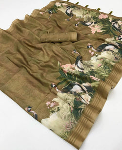 Excellent Brown Printed Cotton Silk Saree With Quintessential Blouse Piece