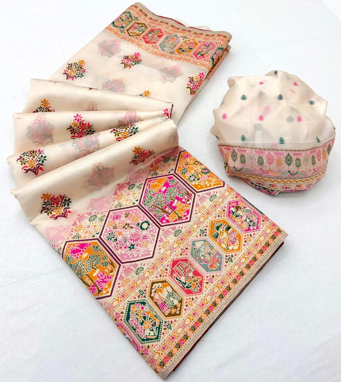 Assemblage Beige Pashmina Silk Saree With Staggering Blouse Piece