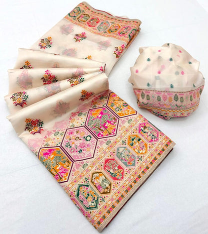 Assemblage Beige Pashmina Silk Saree With Staggering Blouse Piece