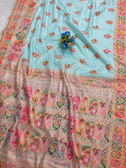 Gratifying Sky Pashmina Silk Saree With Propinquity Blouse Piece
