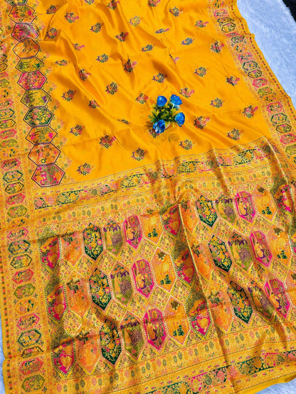 Ethnic Yellow Pashmina Silk Saree With Resonant Blouse Piece