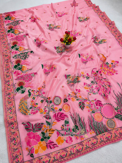 Smashing Pink Pashmina Silk Saree With Diaphanous Blouse Piece