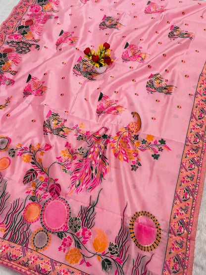 Smashing Pink Pashmina Silk Saree With Diaphanous Blouse Piece