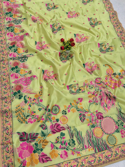 Winsome Pista Pashmina Silk Saree With Amiable Blouse Piece