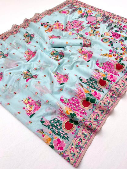 Blissful Sky Pashmina Silk Saree With Enchanting Blouse Piece