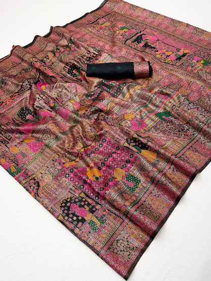 Scrupulous Black Pashmina Silk Saree With Nectarous Blouse Piece