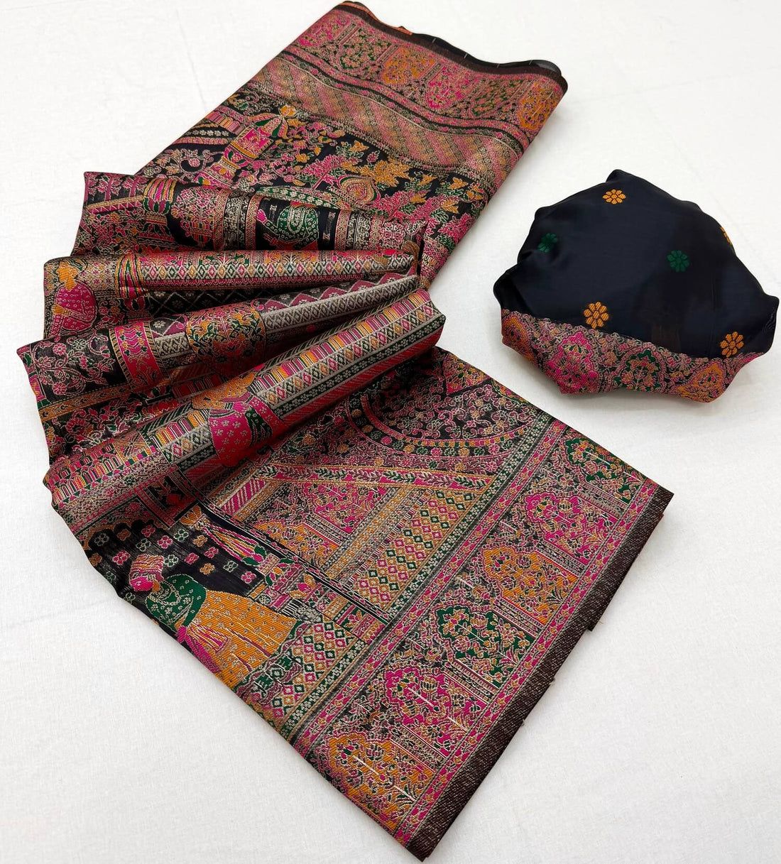 Scrupulous Black Pashmina Silk Saree With Nectarous Blouse Piece