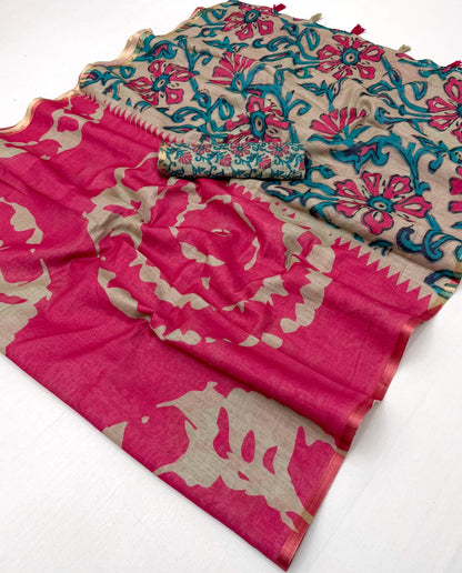 Eloquence Dark Pink Printed Cotton Silk Saree With Majesty Blouse Piece
