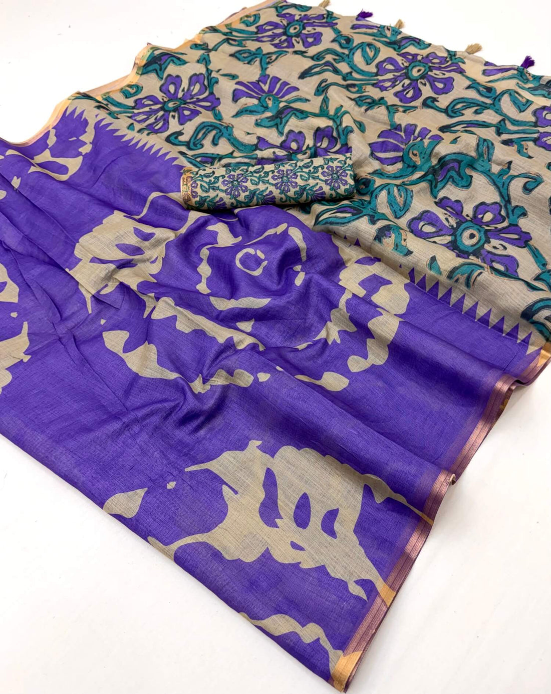 Fancifull Royal Purple Printed Cotton Silk Saree With Vibrant Blouse Piece