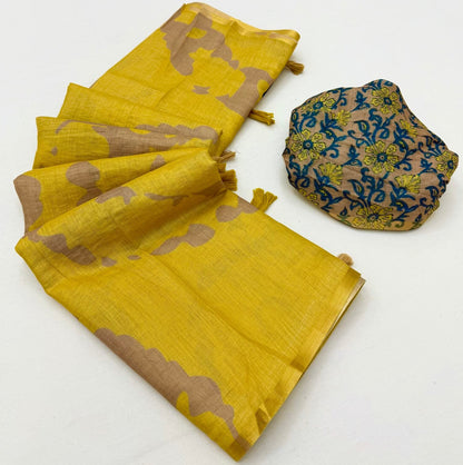 Artistic Yellow Printed Cotton Silk Saree With Gleaming Blouse Piece