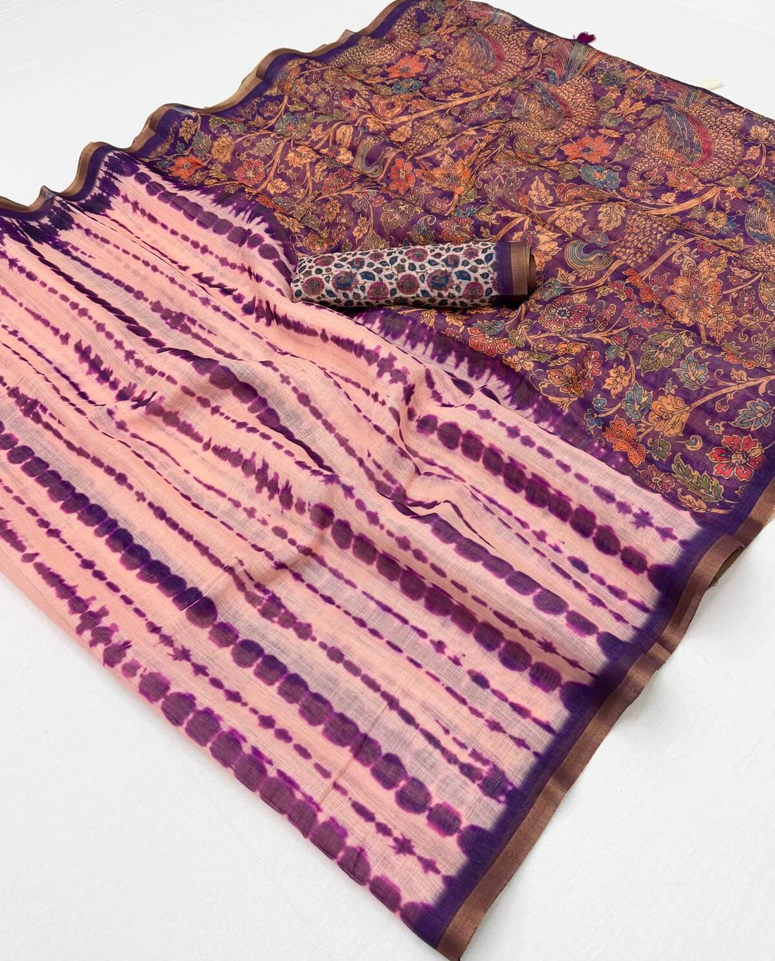 Extraordinary Peach Printed Cotton Silk Saree With Innovative Blouse Piece