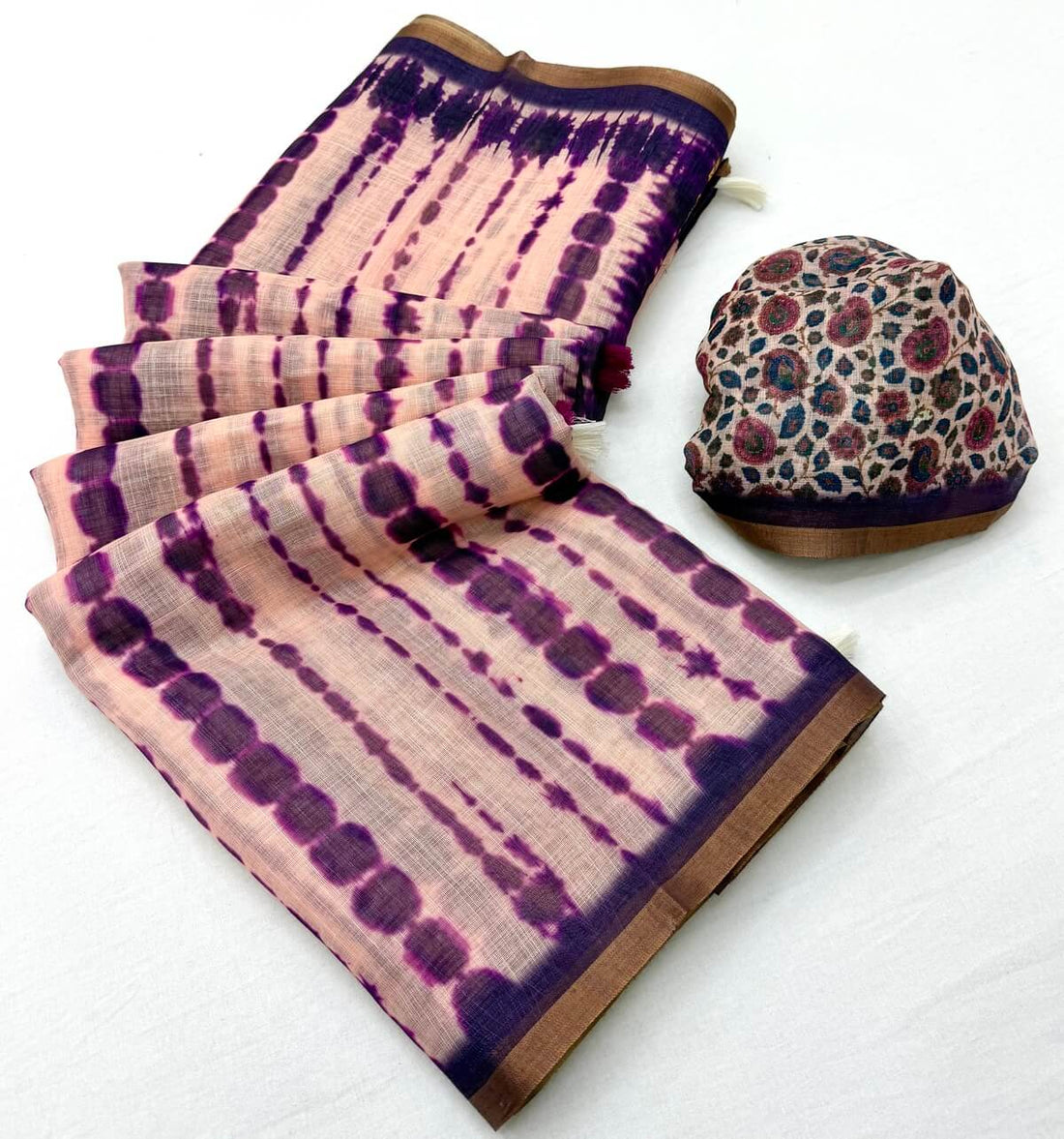 Extraordinary Peach Printed Cotton Silk Saree With Innovative Blouse Piece