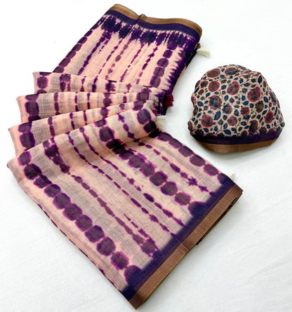 Extraordinary Peach Printed Cotton Silk Saree With Innovative Blouse Piece