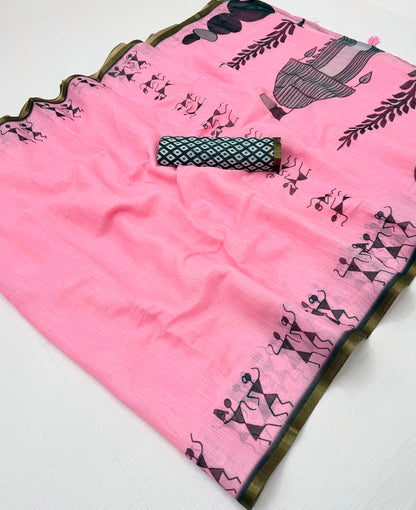 Dulcet Pink Printed Cotton Silk Saree With Dissemble Blouse Piece
