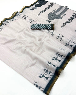 Pleasant Off White Printed Cotton Silk Saree With Jazzy Blouse Piece