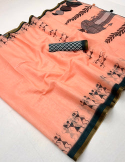 Rhapsody Peach Printed Cotton Silk Saree With Classic Blouse Piece