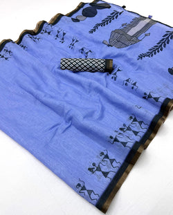 Dalliance Blue Printed Cotton Silk Saree With Intricate Blouse Piece
