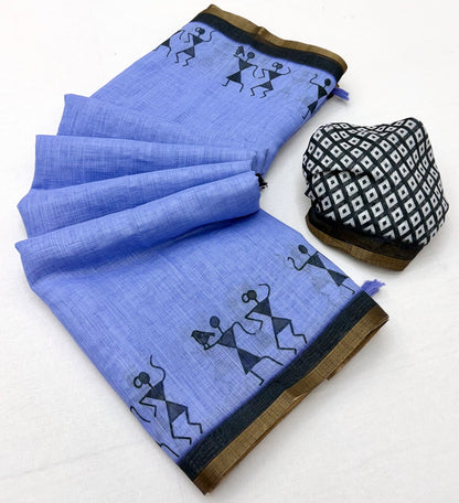 Dalliance Blue Printed Cotton Silk Saree With Intricate Blouse Piece