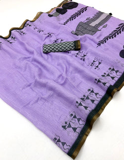 Gratifying Lavender Printed Cotton Silk Saree With Embrocation Blouse Piece