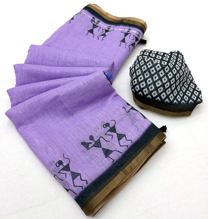 Gratifying Lavender Printed Cotton Silk Saree With Embrocation Blouse Piece