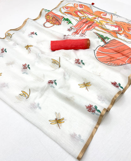 Smart Off White Printed Cotton Silk Saree With Adorning Blouse Piece