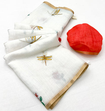 Smart Off White Printed Cotton Silk Saree With Adorning Blouse Piece