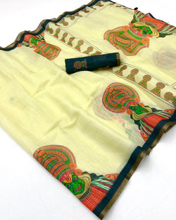 Excellent Lemon Printed Cotton Silk Saree With Angelic Blouse Piece