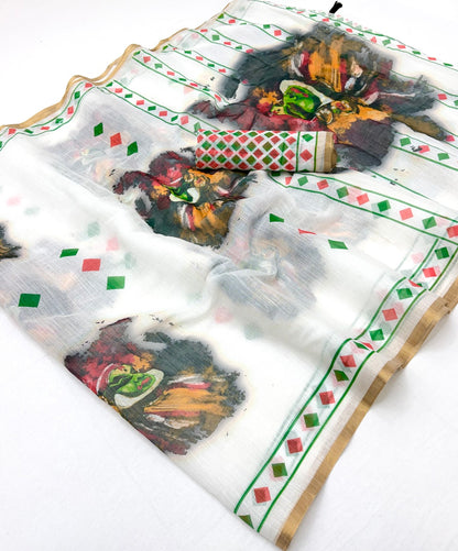 Enamoring Off White Printed Cotton Silk Saree With Trendy Blouse Piece