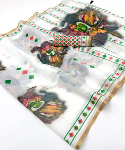 Enamoring Off White Printed Cotton Silk Saree With Trendy Blouse Piece