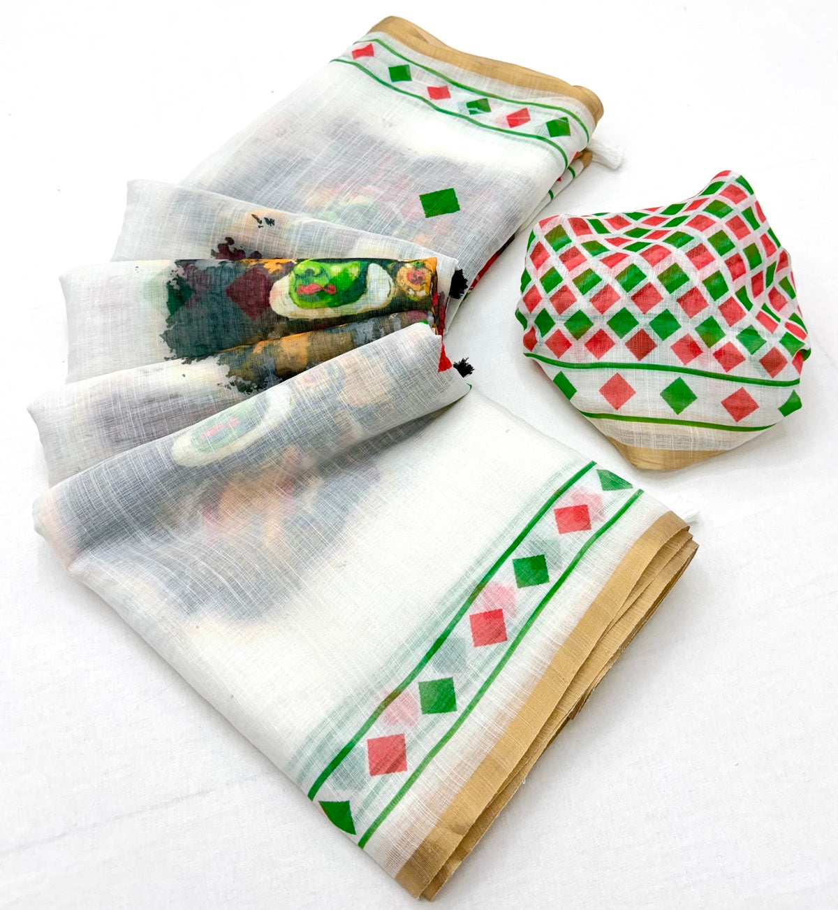 Enamoring Off White Printed Cotton Silk Saree With Trendy Blouse Piece