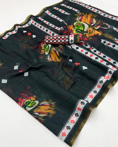 Lagniappe Black Printed Cotton Silk Saree With Scintilla Blouse Piece