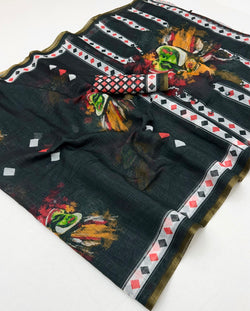 Lagniappe Black Printed Cotton Silk Saree With Scintilla Blouse Piece