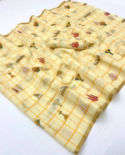 Mellifluous Beige Printed Cotton Silk Saree With Imbrication Blouse Piece