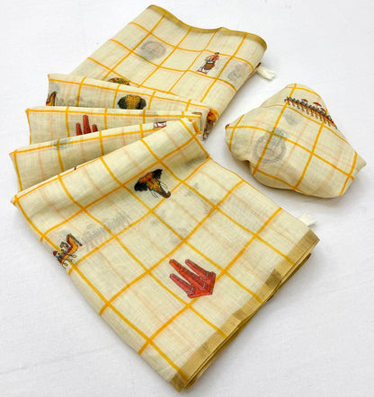 Mellifluous Beige Printed Cotton Silk Saree With Imbrication Blouse Piece