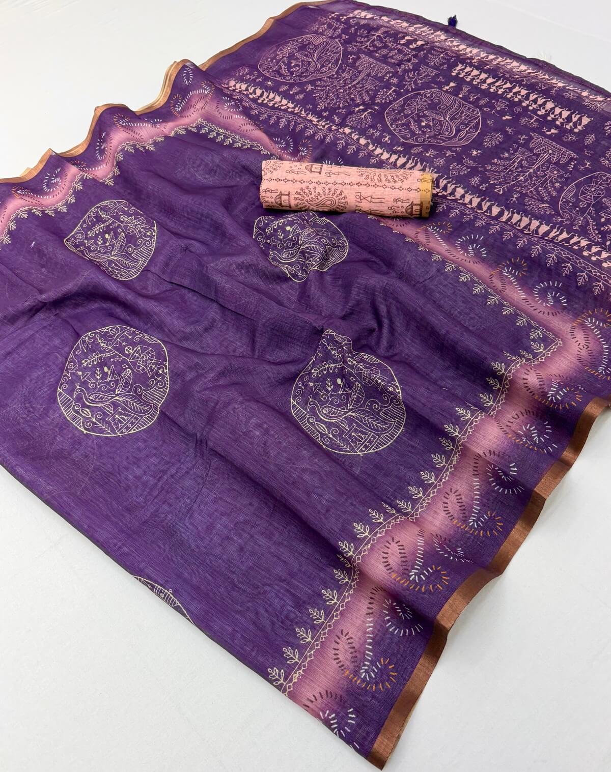 Serendipity Purple Printed Cotton Silk Saree With Opulent Blouse Piece