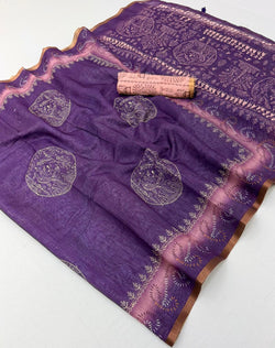 Serendipity Purple Printed Cotton Silk Saree With Opulent Blouse Piece