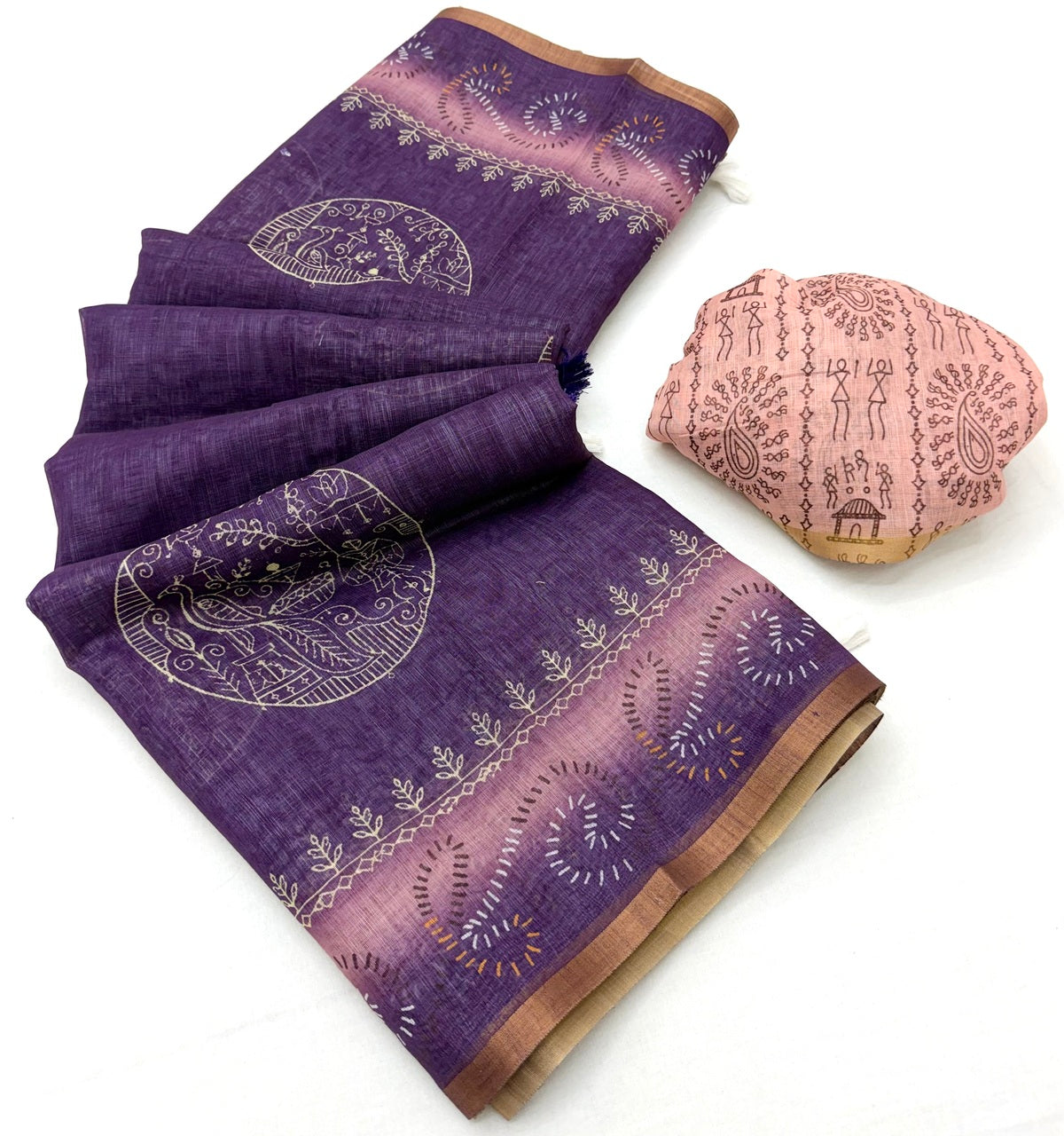 Serendipity Purple Printed Cotton Silk Saree With Opulent Blouse Piece