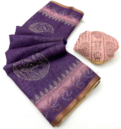 Serendipity Purple Printed Cotton Silk Saree With Opulent Blouse Piece