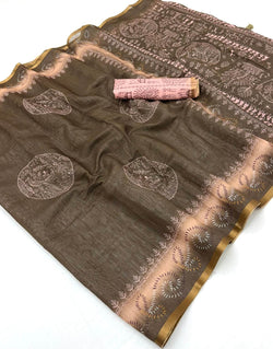 Prettiest Brown Printed Cotton Silk Saree With Delectable Blouse Piece