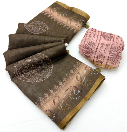 Prettiest Brown Printed Cotton Silk Saree With Delectable Blouse Piece