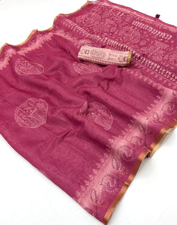 Resonant Dark Pink Printed Cotton Silk Saree With Refreshing Blouse Piece
