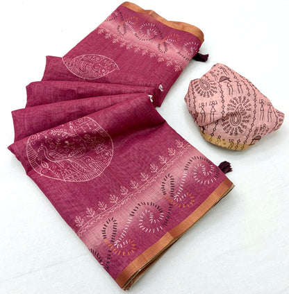 Resonant Dark Pink Printed Cotton Silk Saree With Refreshing Blouse Piece