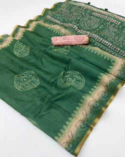 Ephemeral Dark Green Printed Cotton Silk Saree With Fancifull Blouse Piece