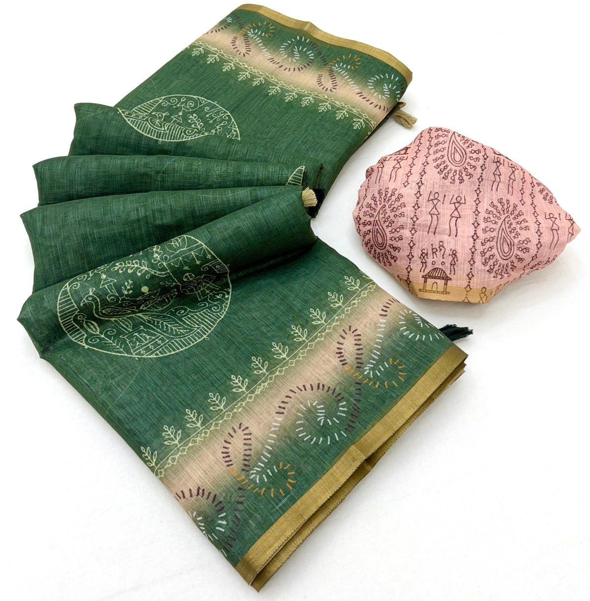 Ephemeral Dark Green Printed Cotton Silk Saree With Fancifull Blouse Piece
