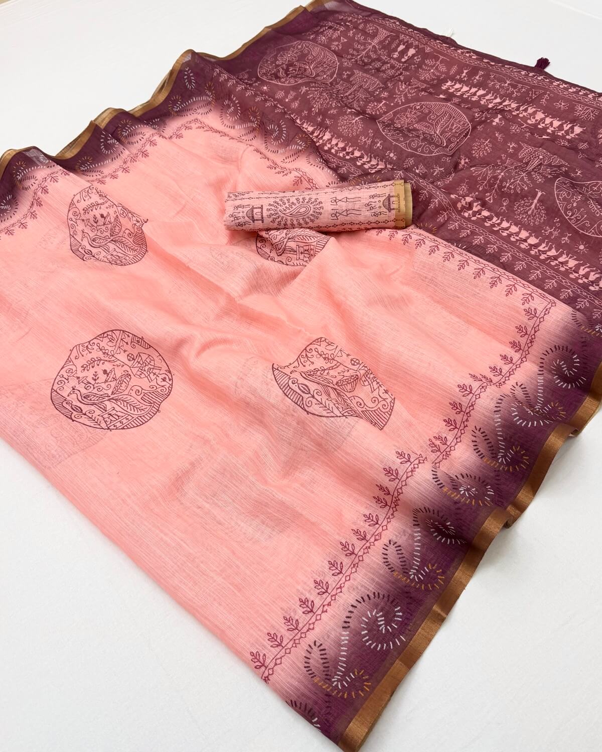 Mesmeric Baby Pink Printed Cotton Silk Saree With Skinny Blouse Piece