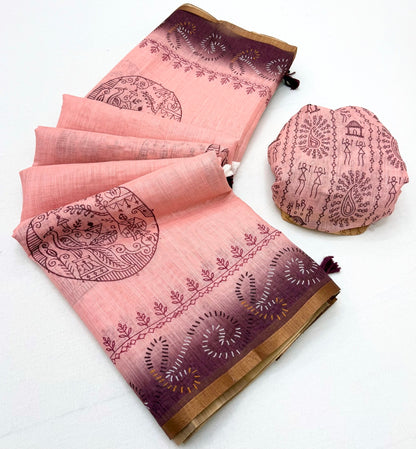 Mesmeric Baby Pink Printed Cotton Silk Saree With Skinny Blouse Piece