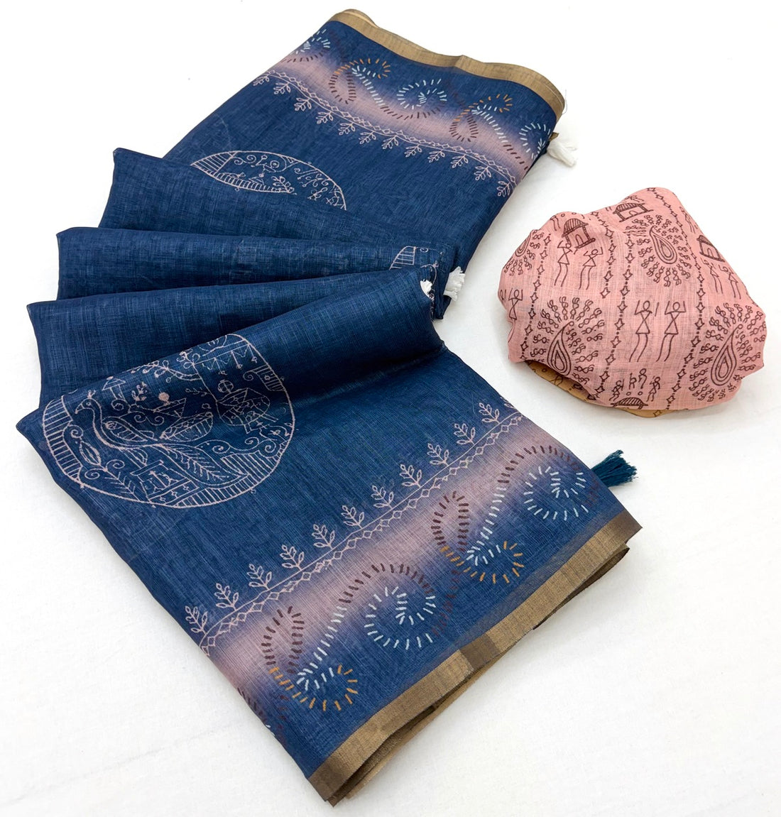 Bewitching Navy Blue Printed Cotton Silk Saree With Amiable Blouse Piece