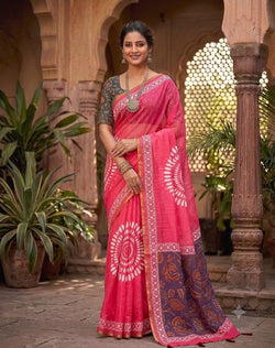 Gorgeous Dark Pink Printed Cotton Silk Saree With Luxuriant Blouse Piece