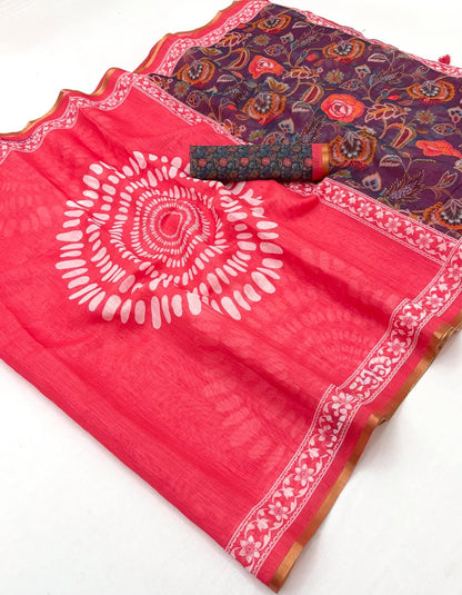 Gorgeous Dark Pink Printed Cotton Silk Saree With Luxuriant Blouse Piece