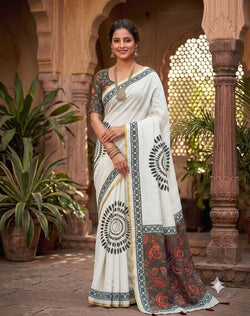 Transcendent Off White Printed Cotton Silk Saree With Magnificat Blouse Piece